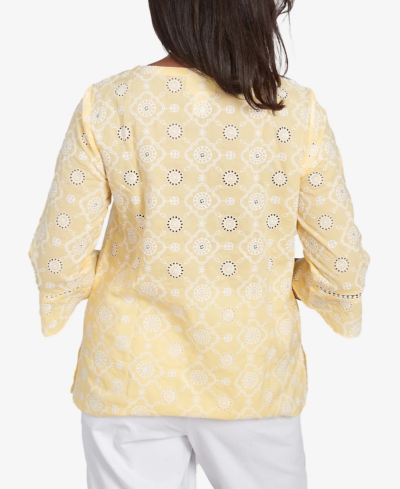 Alfred Dunner Women's Rise Shine Embroidered Floral Eyelet Bell Sleeve Crew Neck Top