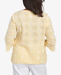 Alfred Dunner Women's Rise Shine Embroidered Floral Eyelet Bell Sleeve Crew Neck Top