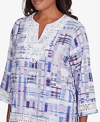 Alfred Dunner Women's Crystal Springs Watercolor Plaid Lace Neck Top