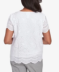 Alfred Women's Dunner Crystal Springs Eyelet Scalloped Hem Crew Neck T-Shirt