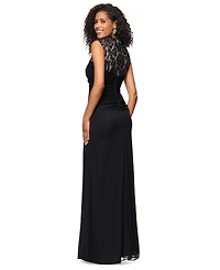 Betsy & Adam Petite Lace Trim Ruched Sleeveless Gown