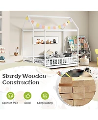 Twin Size Kids House Bed Wooden Floor Bed with Roof and Full-length Safety Guardrail