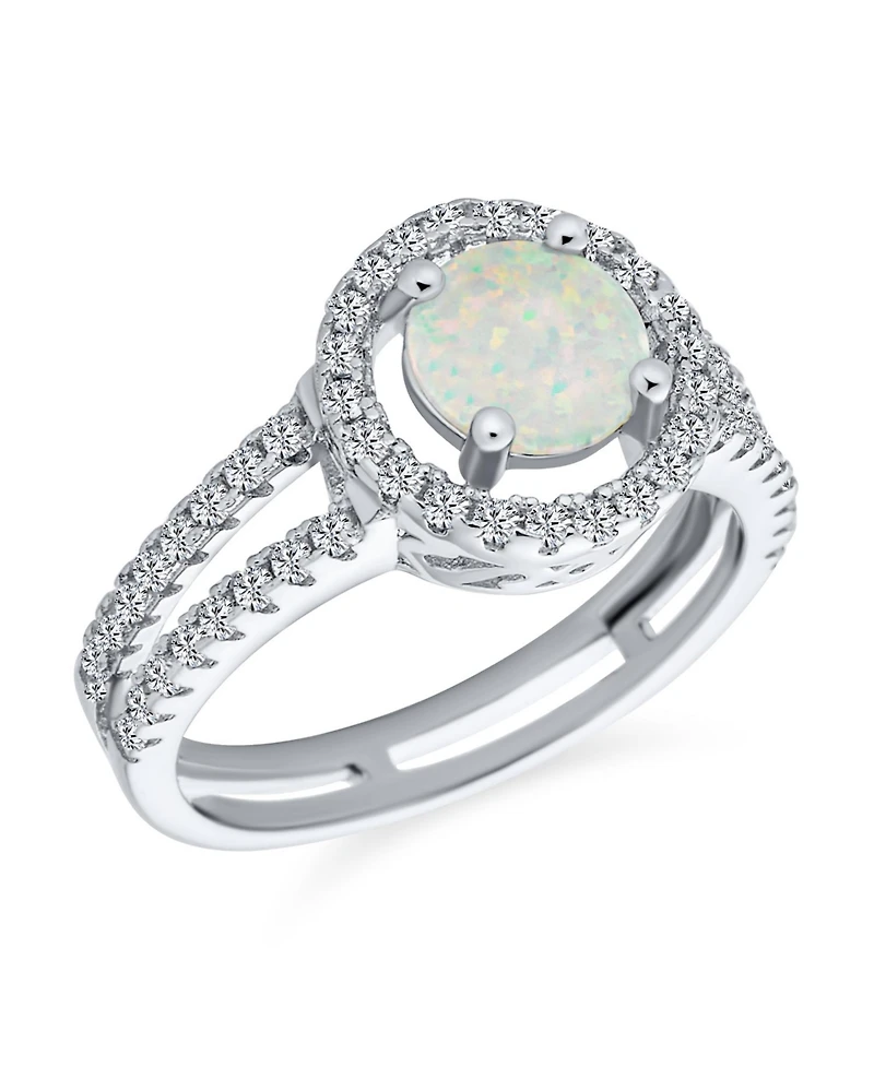 Bling Jewelry Pave Cz Halo Circle 3CT Round Solitaire Created White Opal Promise Ring With Split Shank Band & Side Stone Accent .925 Sterling Sil