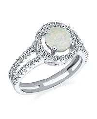 Bling Jewelry Pave Cz Halo Circle 3CT Round Solitaire Created White Opal Promise Ring With Split Shank Band & Side Stone Accent .925 Sterling Sil
