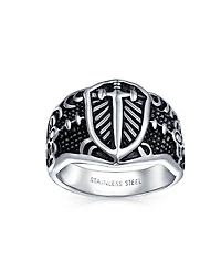 Bling Jewelry Religious Viking Shield Maltase Fleur De Lis Cross Signet Band Ring Oxidized Silver Tone Stainless Steel