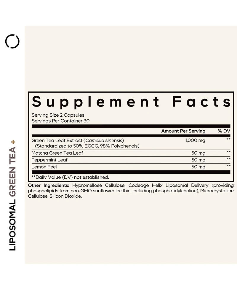 Codeage Liposomal Green Tea+ Egcg 50% Green Tea Extract, Matcha Green Tea Powder, Peppermint Leaf, Lemon Peel, Liposomal Delivery