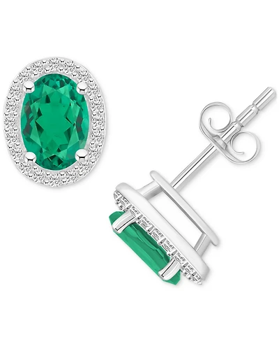 Lab-Created Emerald (1-3/8 ct. t.w.) & White Sapphire (1/5 Oval Halo Stud Earrings 10k Gold