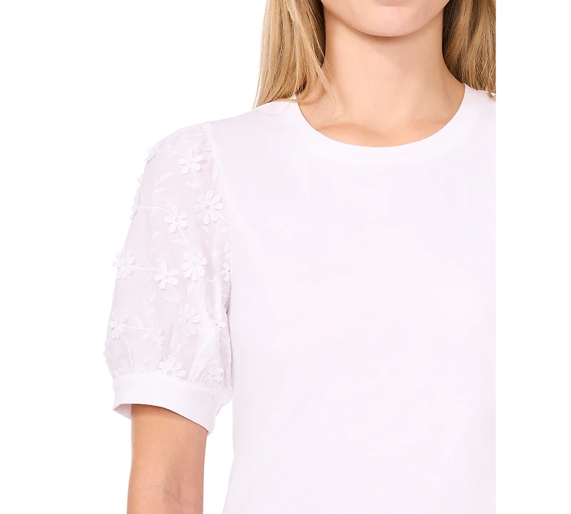 CeCe Women's Mixed-Media Puff-Sleeve Top
