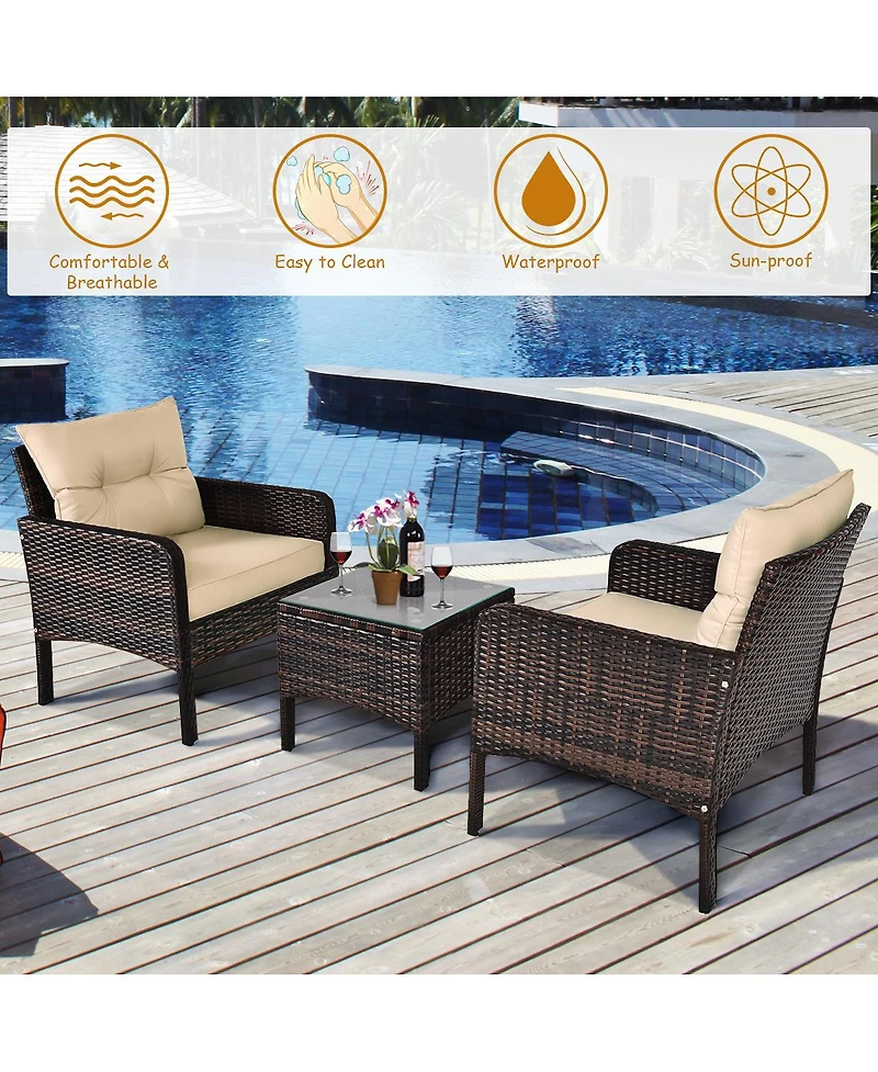 3PCS Outdoor Rattan Conversation Set Patio Furniture Cushioned Sofa Chair