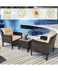 3PCS Outdoor Rattan Conversation Set Patio Furniture Cushioned Sofa Chair
