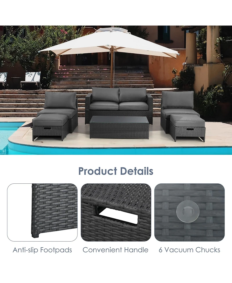6PCS Patio Rattan Furniture Set Space Saving Cushioned Fully Assembled