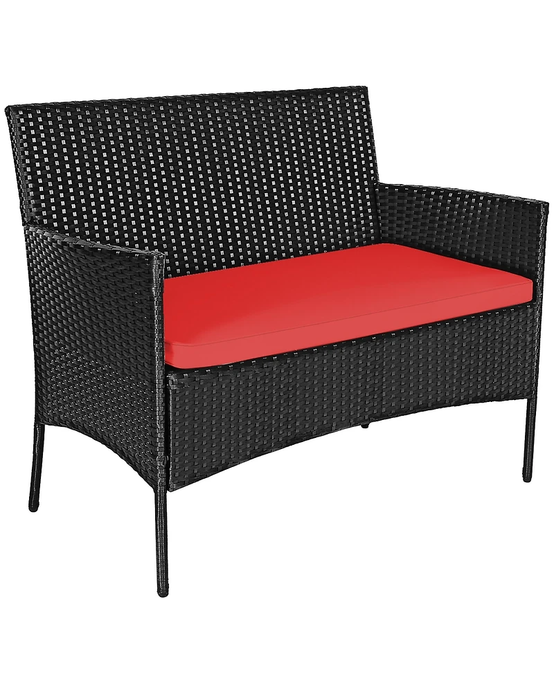 4PCS Patio Rattan Furniture Set Cushioned Sofa Coffee Table Backyard