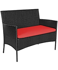 4PCS Patio Rattan Furniture Set Cushioned Sofa Coffee Table Backyard