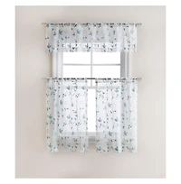Kate Aurora Floral Embroidered Sheer Rod Pocket Kitchen Curtain Tier & Valance Set - 58 in. W x 15 L, Aqua