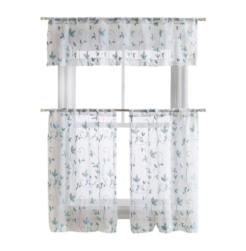 Kate Aurora Floral Embroidered Sheer Rod Pocket Kitchen Curtain Tier & Valance Set - 58 in. W x 15 L, Aqua