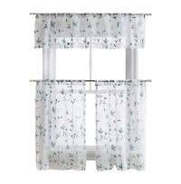 Kate Aurora Floral Embroidered Sheer Rod Pocket Kitchen Curtain Tier & Valance Set - 58 in. W x 15 L, Aqua