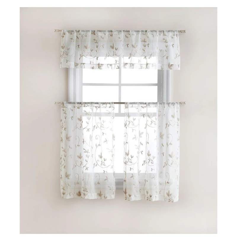 Kate Aurora Floral Embroidered Sheer Rod Pocket Kitchen Curtain Tier & Valance Set - 58 in. W x 15 L, Aqua