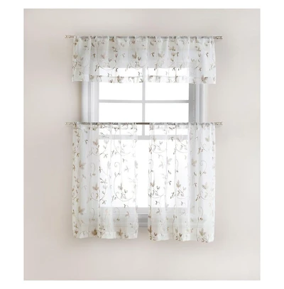 Kate Aurora Floral Embroidered Sheer Rod Pocket Kitchen Curtain Tier & Valance Set - 58 in. W x 15 L, Aqua