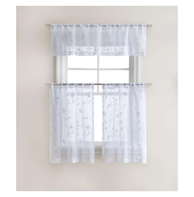 Kate Aurora Floral Embroidered Sheer Rod Pocket Kitchen Curtain Tier & Valance Set - 58 in. W x 15 L, Aqua