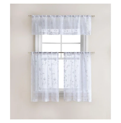 Kate Aurora Floral Embroidered Sheer Rod Pocket Kitchen Curtain Tier & Valance Set - 58 in. W x 15 L, Aqua