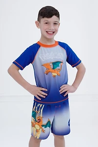 Pokemon Boys Pikachu Upf 50+ Rash Guard Swim Trunks Outfit Set to