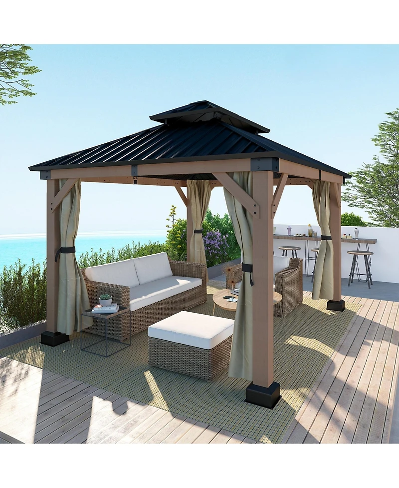 Mondawe 12 ft. x 10 ft. Outdoor Fir Solid Wood Frame Patio Gazebo Canopy Shelter with Galvanized Steel Hardtop Roof Pavilion