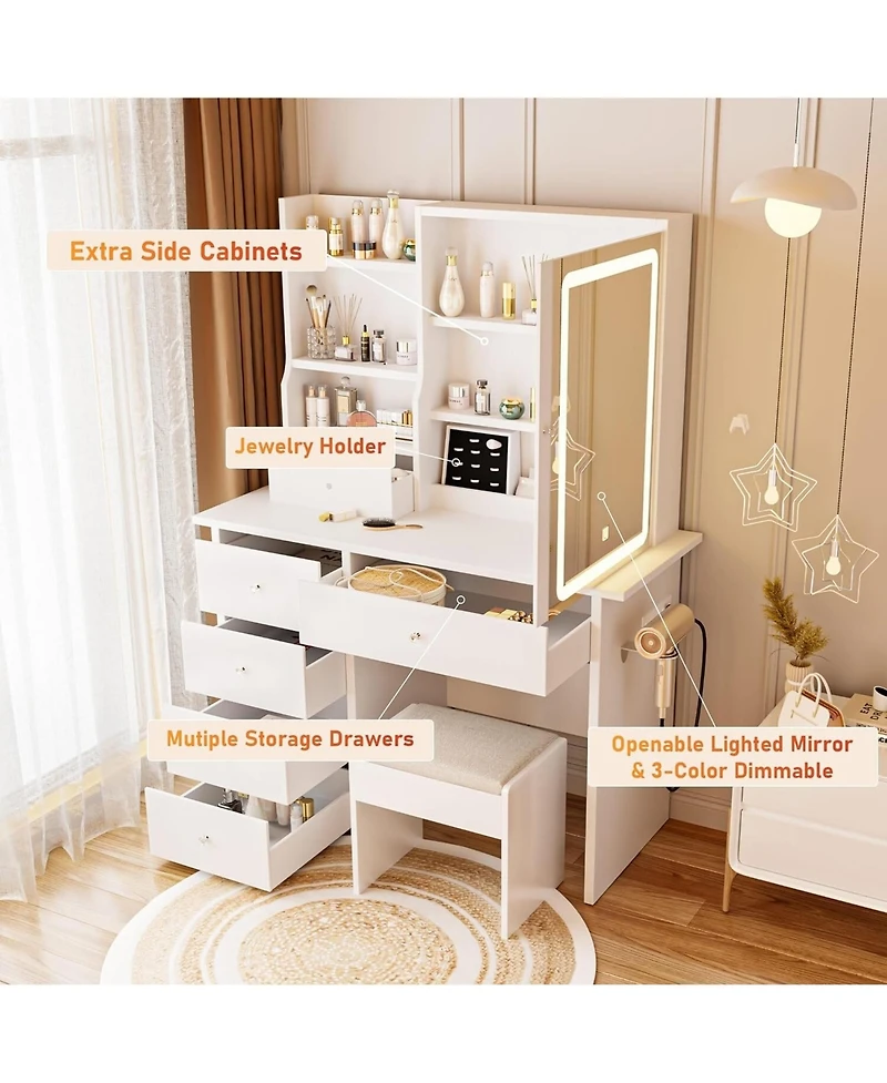 Dyhome Vanity Desk with Sliding Mirror and Led Lights & Charging Station