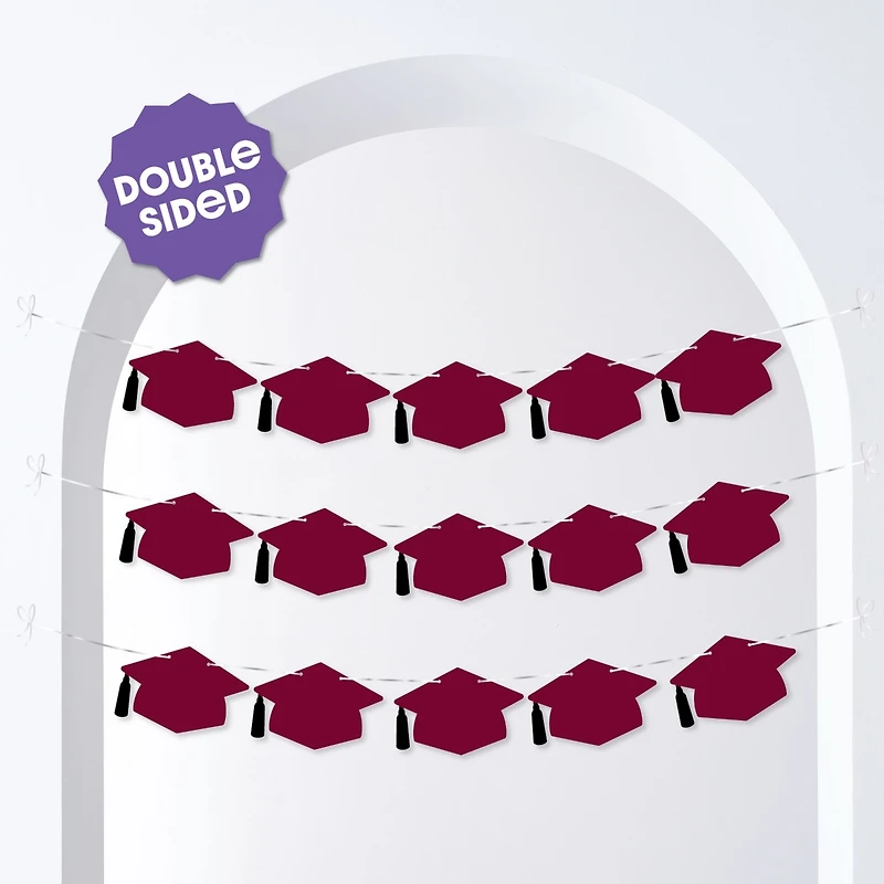 Maroon Graduation Cap Garland Banner, 10 Feet of Cord, 15 Hats with Tassels