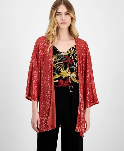 Anne Klein Women's Sequined Open-Front Mesh Kimono Cardigan