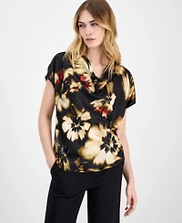 Anne Klein Women's Floral-Print Cowlneck Short-Sleeve Blouse, Created for Macy's
