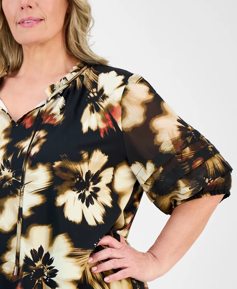 Anne Klein Plus Printed Pleated-Sleeve Blouse