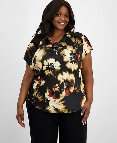 Anne Klein Plus Floral-Print Cap-Sleeve Top
