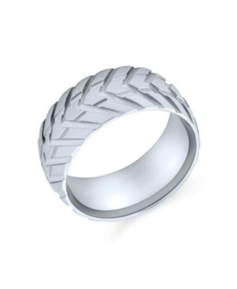 Bling Jewelry Mechanic Sports Car Racer Wide Tread Tire Band Ring Bikers Matte Brushed Silver Tone Stainless Steel 8MM