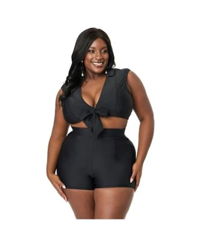 Plus Size Full Coverage Bow Swim Top High Waist Swim Shorts