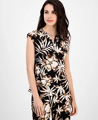 Ak Anne Klein Petite Printed Split-Neck Sleeveless Top