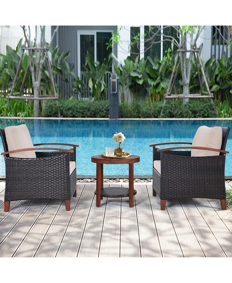 Gymax 3PCS Outdoor Patio Rattan Conversation Set Outdoor Furniture Set w/ Cushion