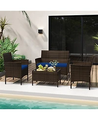 Gymax 4 Piece Outdoor Wicker Furniture Set Patio Rattan Conversation Set w /Cushions