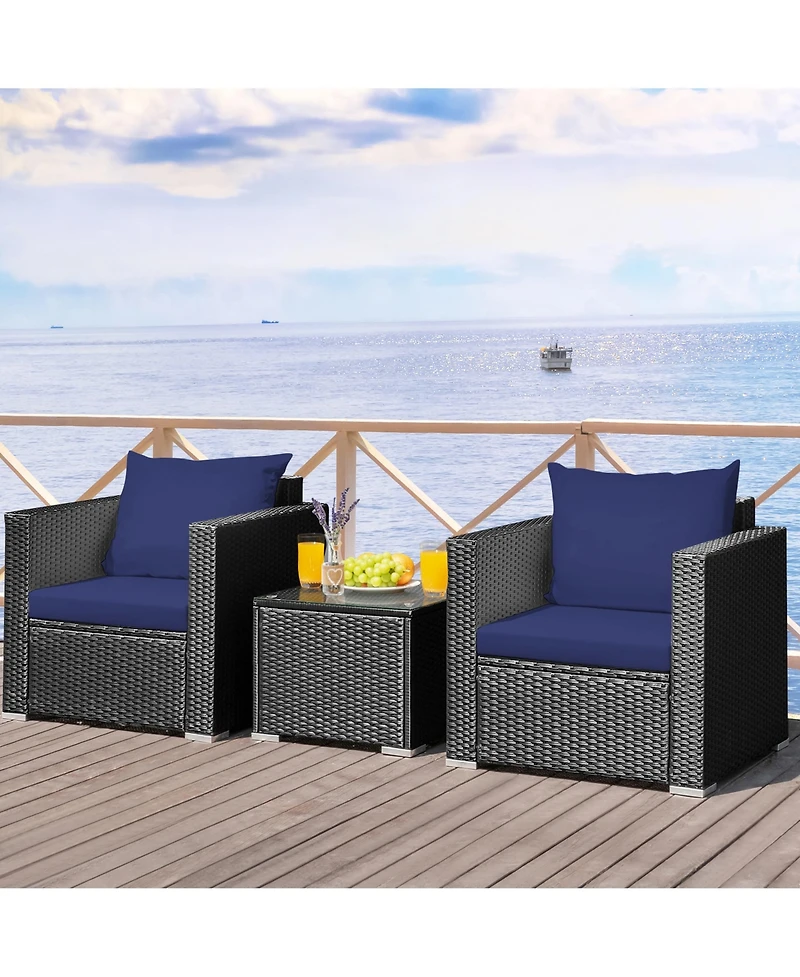 Gymax 3 Piece Rattan Outdoor Patio Conversation Furniture Set w/ Cushions