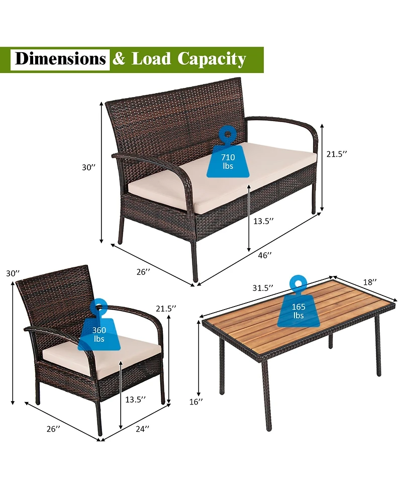 Gymax 4 Piece Rattan Outdoor Furniture Set Patio Conversation Set w/ Cushions
