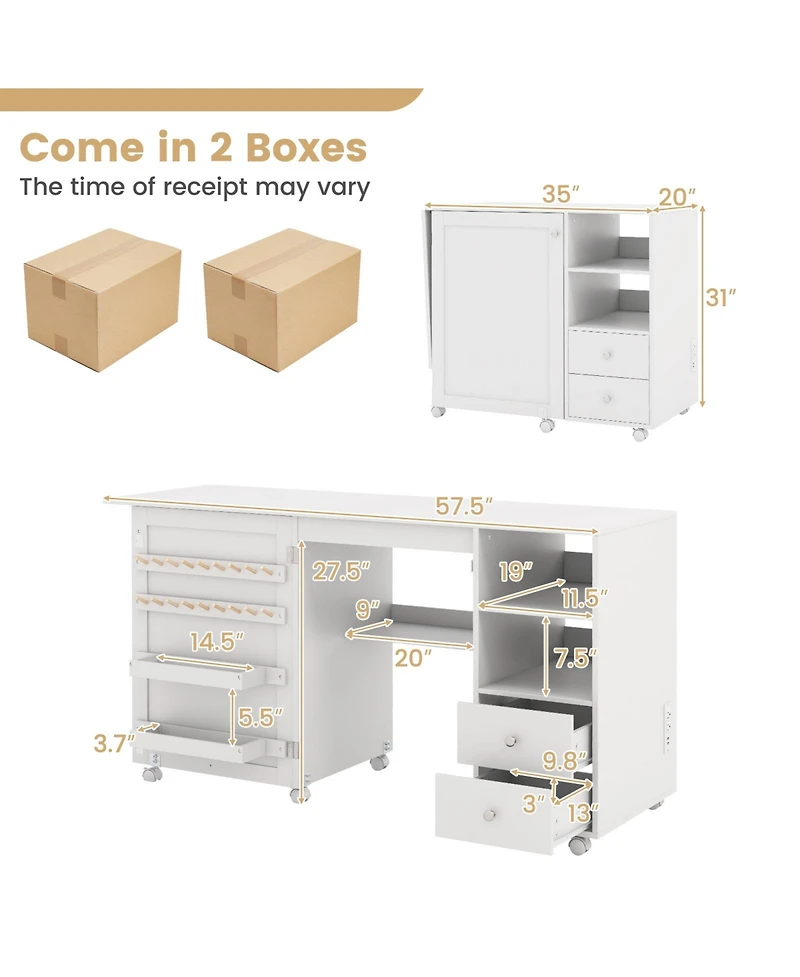 Folding Sewing Table with Charging Station and Storage Shelves