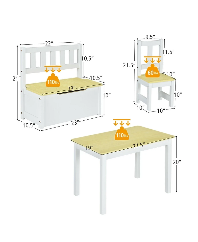 4 Pieces Kids Wooden Activity Table and Chairs Set with Storage Bench and Study Desk