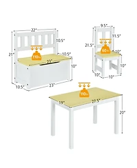 4 Pieces Kids Wooden Activity Table and Chairs Set with Storage Bench and Study Desk
