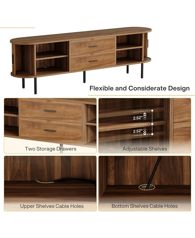 Tribesigns 70" Mid-Century Modern Tv Stand for 75" Tv, Fluted Entertainment Center with Sliding Tambour Doors, Drawers and Adjustable Shelves, Walnut