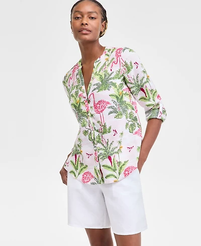 Charter Club Women's 100% Linen Palm Print Roll-Tab Shirt, Exclusively at Macy's