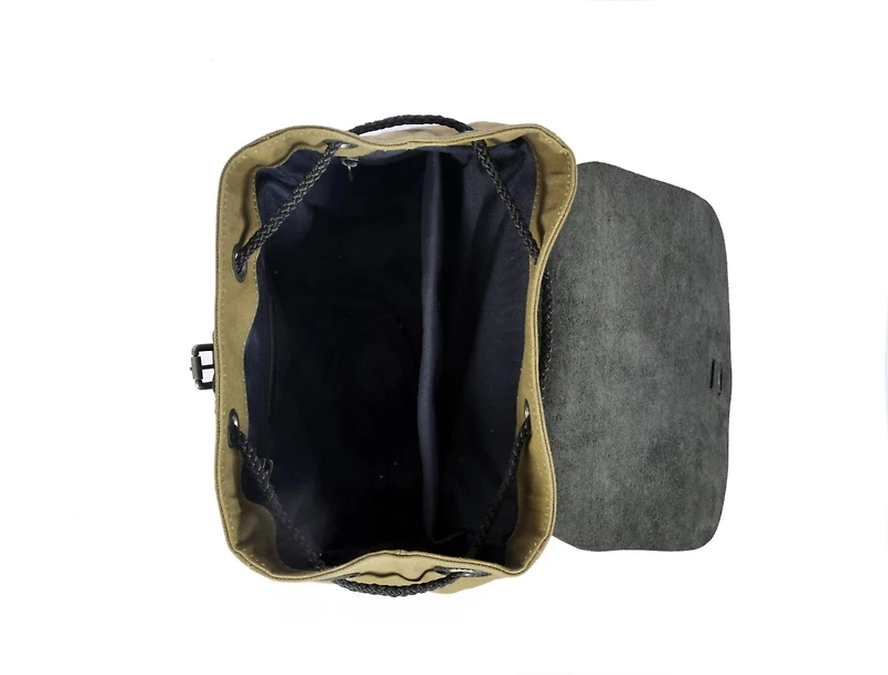 Aaron Leather Goods Waxed Canvas and Leather Flap Backpack with Buckle Closure, Drawstring Top, Laptop Sleeve, Rear Zipper Pocket, and Adjustable Stra