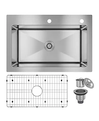 33-Inch Stainless Steel Sink On The Counter Installation Single Grooves With 2 Faucet Holes With Drain Grid And Drainer Thick 18Ga