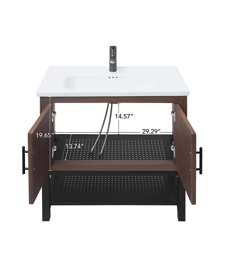 Casainc 32" Bathroom Vanity with White Ceramic Sink & Faucet,Freestanding Bathroom Cabinet with 2 Storage Doors and Open iron Shelf