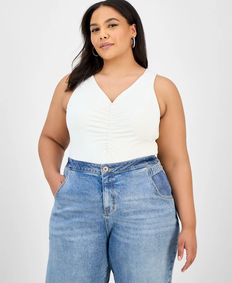 Bar Iii Trendy Plus Ruched V-Neck Tank Top, Exclusively at Macy's