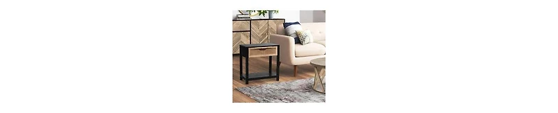 Mango Wood Side Table – Rattan Drawer & Open Shelf Storage