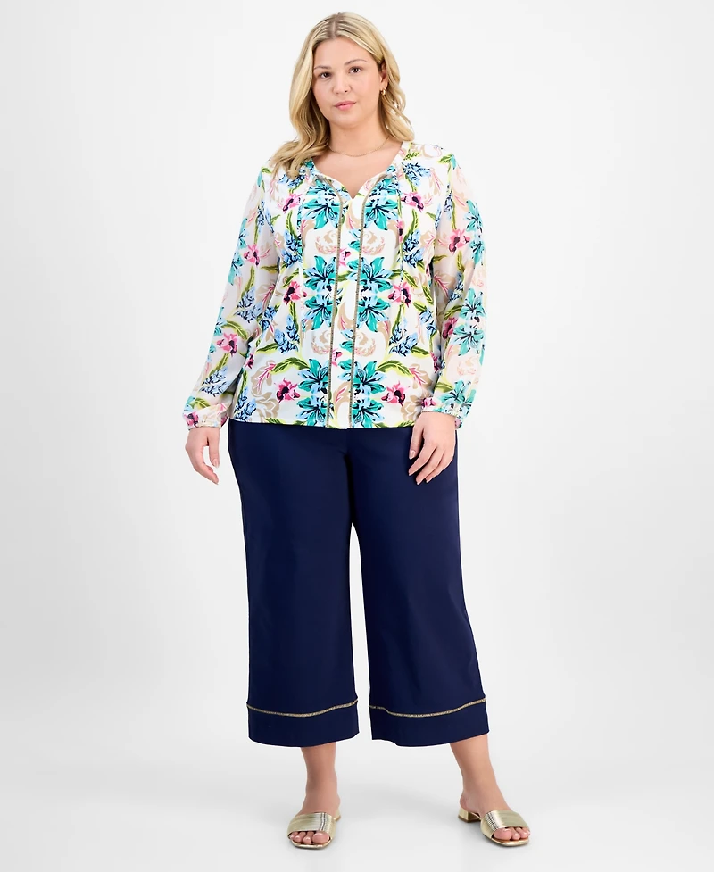 Jm Collection Plus Printed Mixed-Media Top, Exclusively at Macy's